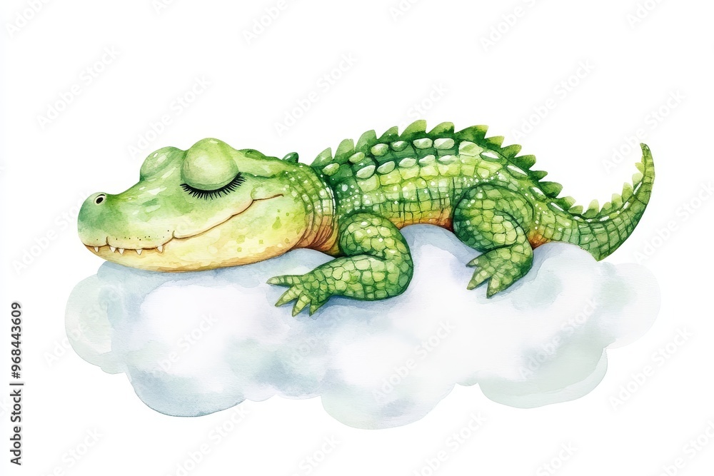 Fototapeta premium A charming watercolor illustration of a cute, green crocodile sleeping peacefully on a fluffy white cloud. This image symbolizes peace, tranquility, and the innocence of childhood dreams.