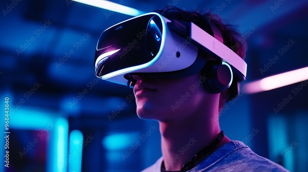 Young man wearing VR headset and looking up with a focused expression. He is illuminated by a blue and purple neon light. Young man wearing VR headset and looking up with a focused expression. He is illuminated by a blue and purple neon light.