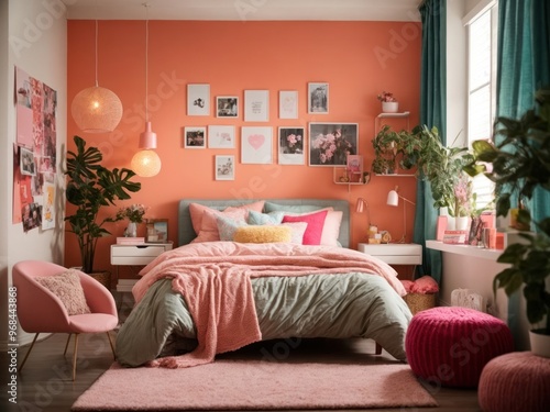 Cozy interior teenage girl room with bed