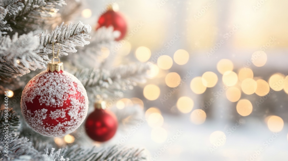 A beautiful, frosted Christmas tree decorated with bright red ornaments stands elegantly in a festive winter setting, radiating holiday cheer A beautiful, frosted Christmas tree decorated with bright red ornaments stands elegantly in a festive winter setting, radiating holiday cheer