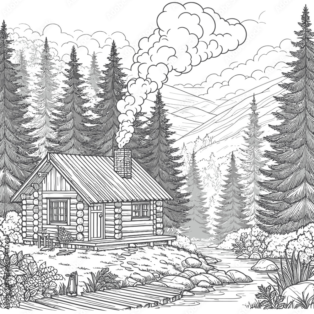 Fototapeta premium misty morning in a pine forest with a small wooden cabin and smoke coloring page 