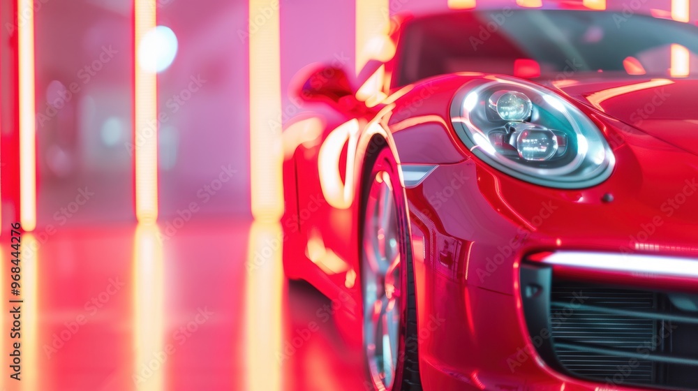 The showroom features a stunning red sports car illuminated by colorful lights, emphasizing its design and polished appearance The showroom features a stunning red sports car illuminated by colorful lights, emphasizing its design and polished appearance