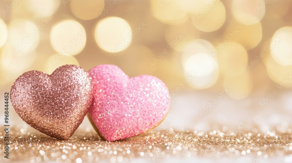 Two sparkling hearts, one golden and one pink, are beautifully placed against a soft, romantic background perfect for expressing love Two sparkling hearts, one golden and one pink, are beautifully placed against a soft, romantic background perfect for expressing love