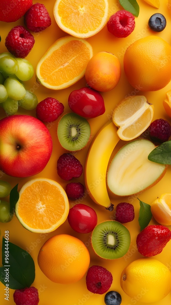 Sweet ripe fruits and berries on color background Sweet ripe fruits and berries on color background