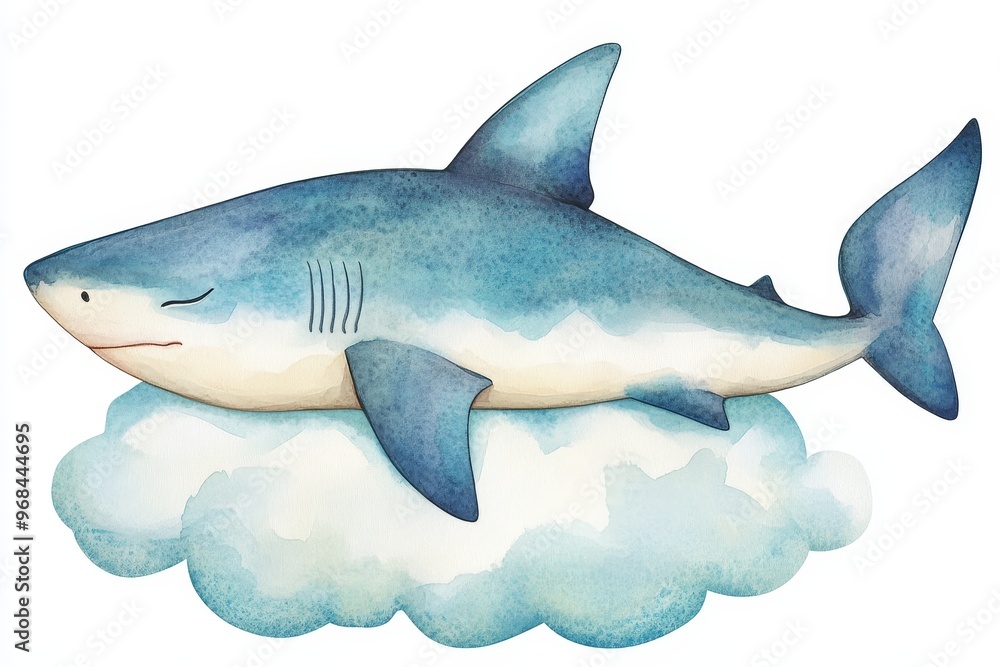 Obraz premium A charming watercolor illustration of a cute, little shark sleeping peacefully on a fluffy cloud. This image symbolizes tranquility, childhood dreams, and the beauty of the underwater world.