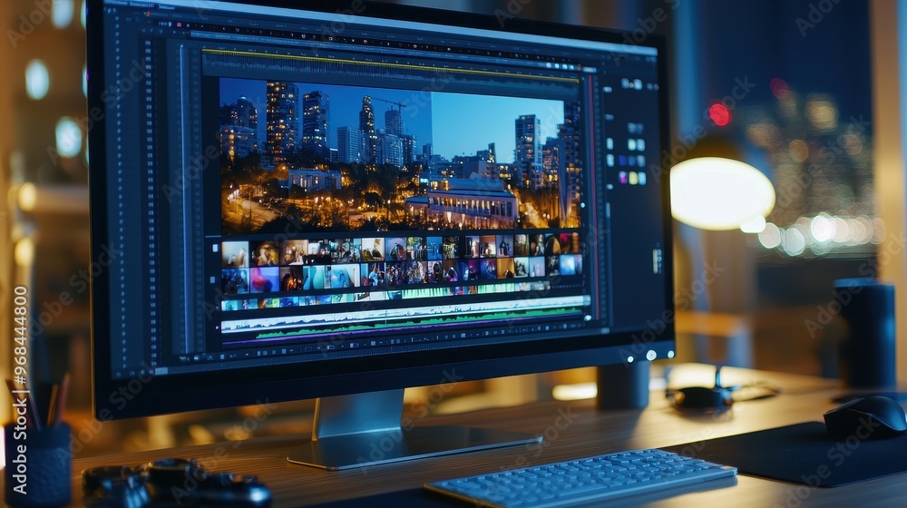 Video Editing Software on Computer Screen with Cityscape Background Video Editing Software on Computer Screen with Cityscape Background