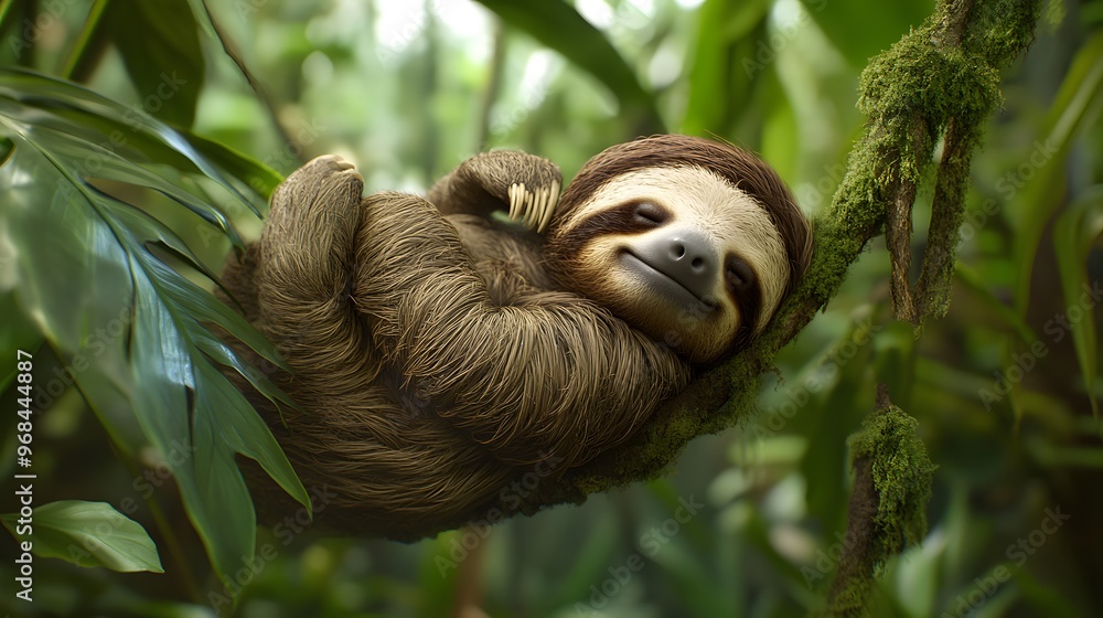 A sleepy sloth hanging from a branch surrounded by vibrant rainforest greenery A sleepy sloth hanging from a branch surrounded by vibrant rainforest greenery