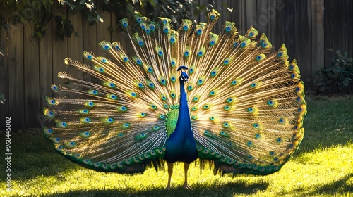 A beautiful peacock displaying its vibrant feathers in a garden photo