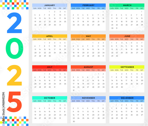 Colorful Calendar 2025 with all months in the design. Diversity concept New Year calendar with editable design and shapes.