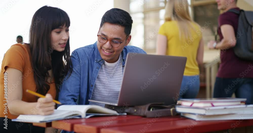Students, studying and laptop or books in university, college or education with on campus support or teamwork. Woman, tutor or friends writing notes, learning language and research or planning online Students, studying and laptop or books in university, college or education with on campus support or teamwork. Woman, tutor or friends writing notes, learning language and research or planning online