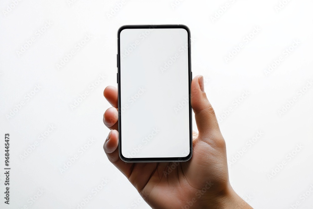 Hand Holding Smartphone Mockup Isolated created with Generative AI Hand Holding Smartphone Mockup Isolated created with Generative AI