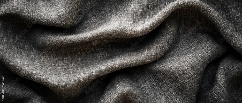 Soft grey linen fabric with fine texture, creating gentle waves and folds. Ideal for various textile applications. Soft grey linen fabric with fine texture, creating gentle waves and folds. Ideal for various textile applications.