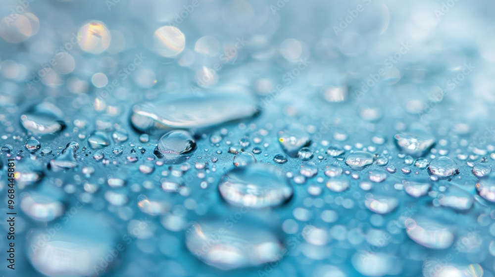 Delicate water droplets rest on a bright blue surface, reflecting light and creating a tranquil, refreshing ambiance in the background Delicate water droplets rest on a bright blue surface, reflecting light and creating a tranquil, refreshing ambiance in the background