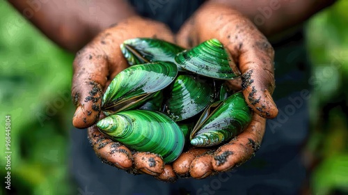 Fresh Green Mussels Held In Dirty Hands