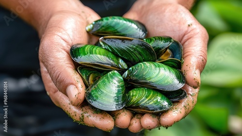 Fresh Green Mussels in Hand  Seafood Harvest  Closeup