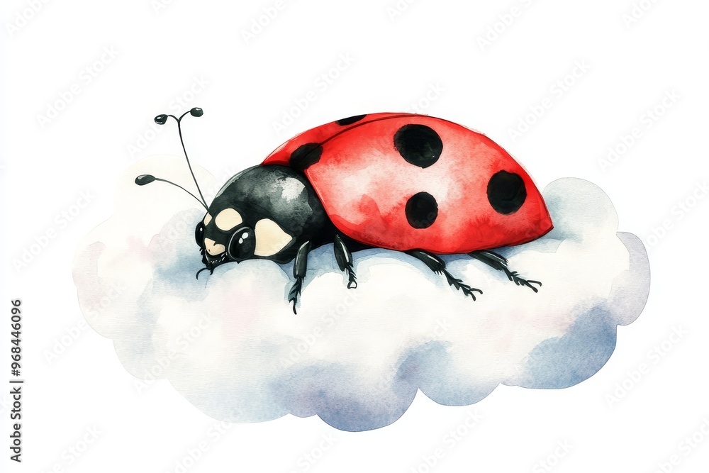 Fototapeta premium A charming watercolor illustration of a ladybug peacefully sleeping on a fluffy white cloud, symbolizing dreams, innocence, nature, peace, and tranquility.