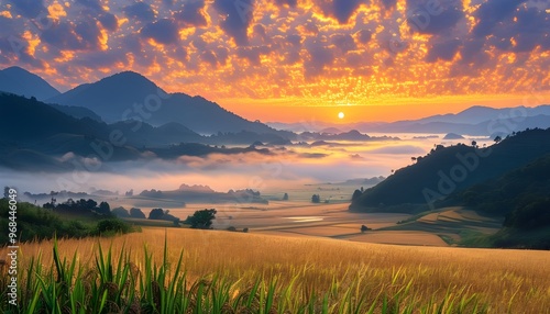 Serene sunrise illuminating a misty valley filled with golden fields and vibrant clouds, celebrating natures breathtaking beauty and morning splendor. photo