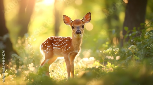 A gentle baby deer standing in a forest glade with sunlight filtering through the trees