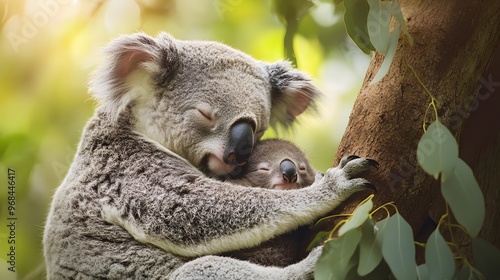 A charming koala snuggling up to its mother in a eucalyptus tree photo