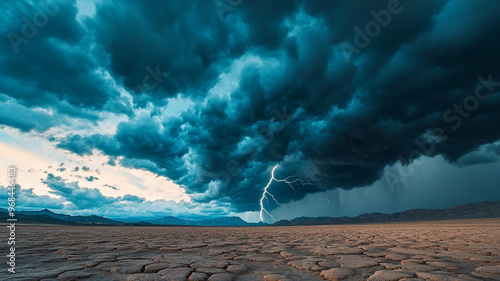 A dramatic thunderstorm brewing over vast desert landscape creates stunning visual spectacle. dark clouds and striking lightning evoke sense of awe and power photo