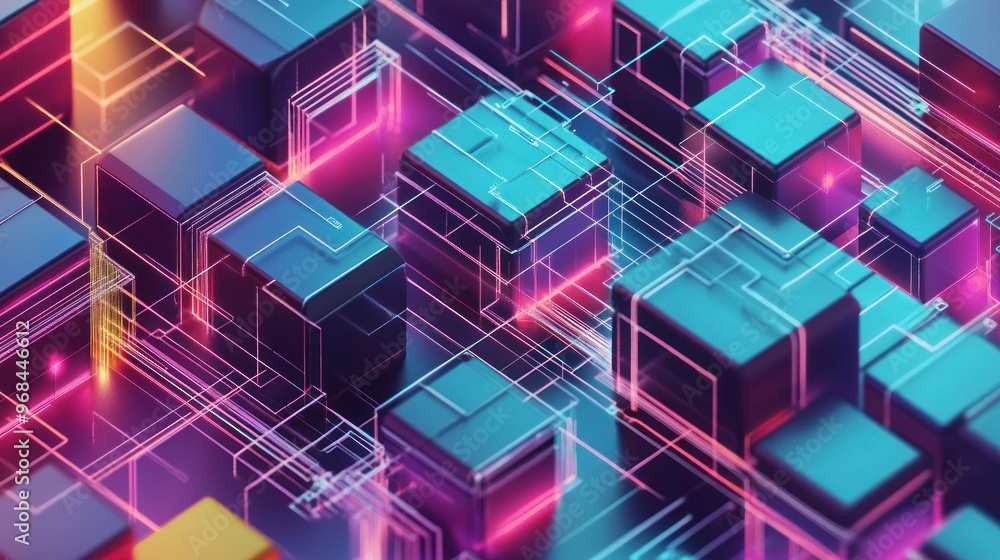 Abstract Neon Cubes and Lines Abstract Neon Cubes and Lines