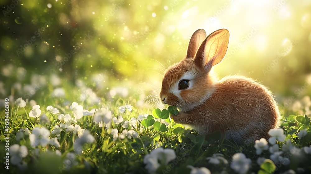 Fototapeta premium A fluffy bunny nibbling on clover in a sunlit meadow
