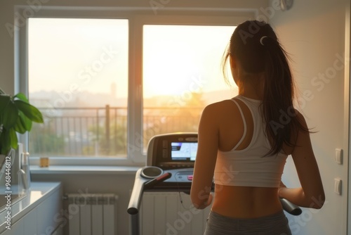 Home Workout: Active Senior Woman Jogging on Treadmill in Sportswear - Stay at Home Concept