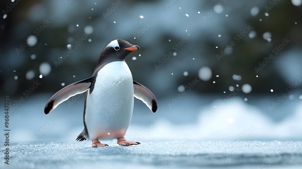 Fototapeta premium A friendly penguin waddling across the ice with snowflakes falling