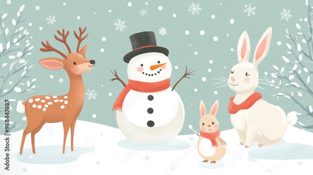 A charming winter illustration featuring a snowman, a deer, and two bunnies enjoying the snowy landscape. It symbolizes the joy of winter, friendship, and the magic of the season. A charming winter illustration featuring a snowman, a deer, and two bunnies enjoying the snowy landscape. It symbolizes the joy of winter, friendship, and the magic of the season.