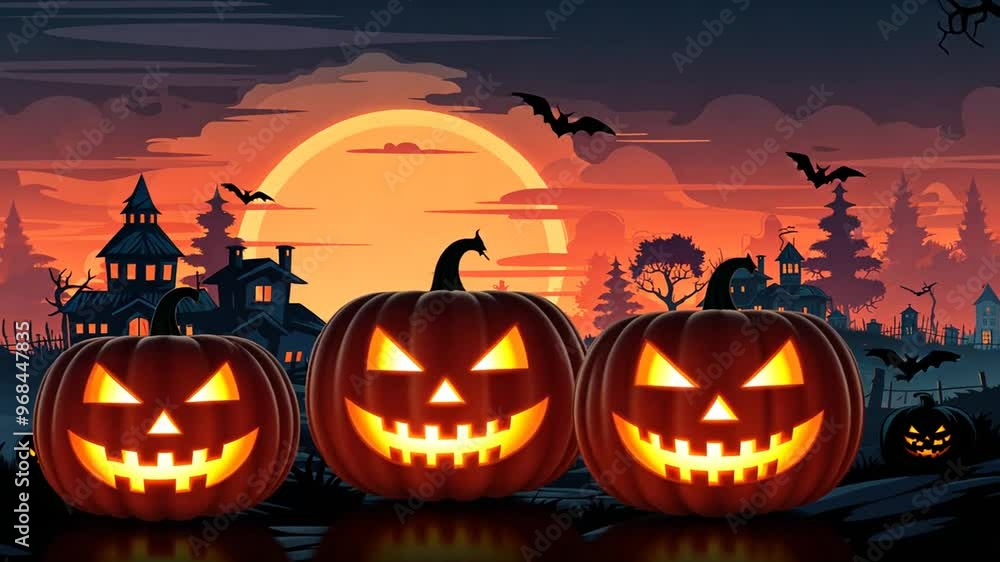 Three Halloween Jack-O-Lanterns Glowing Under a Spooky Night Sky Three Halloween Jack-O-Lanterns Glowing Under a Spooky Night Sky