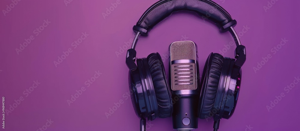 Beautiful photo of Radio microphone with headphones on purple background Beautiful photo of Radio microphone with headphones on purple background