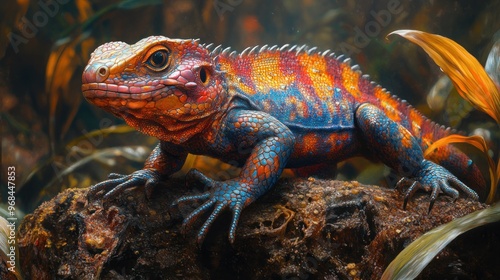 A vividly colored lizard resting on a rock amidst foliage.