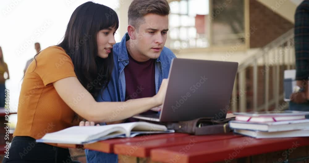 Students, studying on laptop and book on campus, college or university for education support or teamwork. Woman, tutor or friends writing notes, learning language and research or planning on computer Students, studying on laptop and book on campus, college or university for education support or teamwork. Woman, tutor or friends writing notes, learning language and research or planning on computer