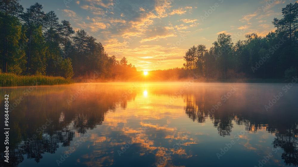 Fototapeta premium A serene sunrise reflected in calm lake, surrounded by lush trees and mist, creating peaceful atmosphere..