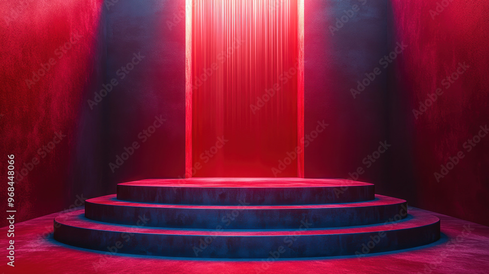 Surreal empty podium with cascading light in vibrant red setting, creating dramatic atmosphere.. Surreal empty podium with cascading light in vibrant red setting, creating dramatic atmosphere..