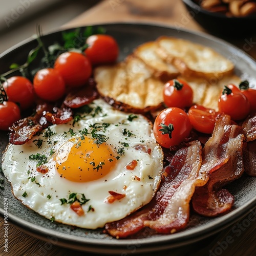 Delicious breakfast plate featuring fried egg, crispy bacon, tomatoes, and golden hash browns, perfect for a hearty meal. photo