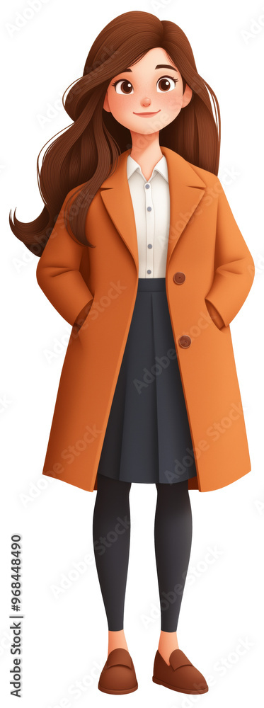 A young woman stands confidently in an orange coat, black skirt, and brown shoes, showcasing a modern winter fashion style isolated on transparent background. A young woman stands confidently in an orange coat, black skirt, and brown shoes, showcasing a modern winter fashion style isolated on transparent background.