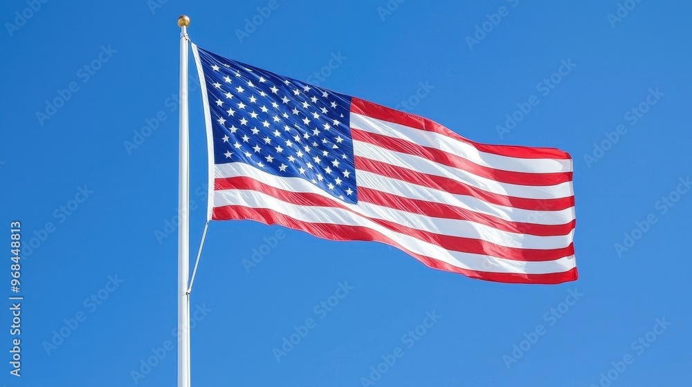 American Flag Waving in the Wind Against a Blue Sky American Flag Waving in the Wind Against a Blue Sky