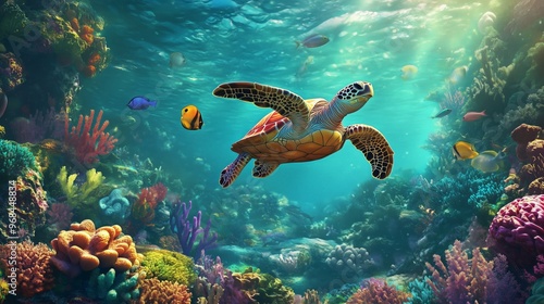 Fototapeta Naklejka Na Ścianę i Meble -  A green sea turtle glides gracefully over a vibrant coral reef teeming with colorful fish in a shallow tropical ocean