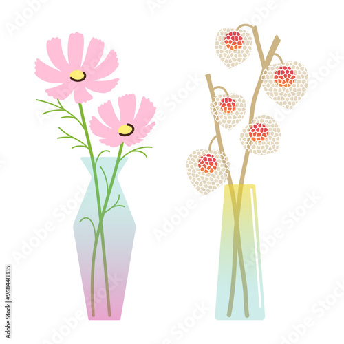 秋の花瓶・生け花セット(コスモス・ほおづき)