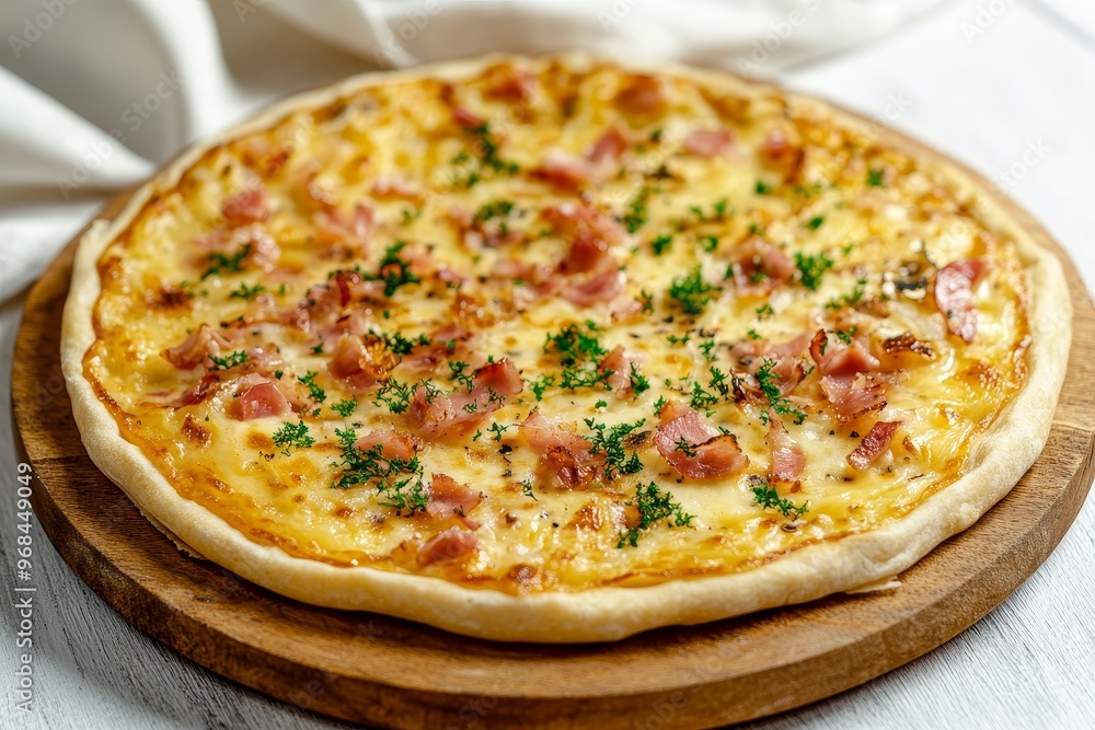 A close-up of a freshly baked Flammekueche, a traditional Alsatian tart, topped with crispy bacon, caramelized onions, and a creamy sauce. The pizza is presented on a wooden board, showcasing its rust A close-up of a freshly baked Flammekueche, a traditional Alsatian tart, topped with crispy bacon, caramelized onions, and a creamy sauce. The pizza is presented on a wooden board, showcasing its rust