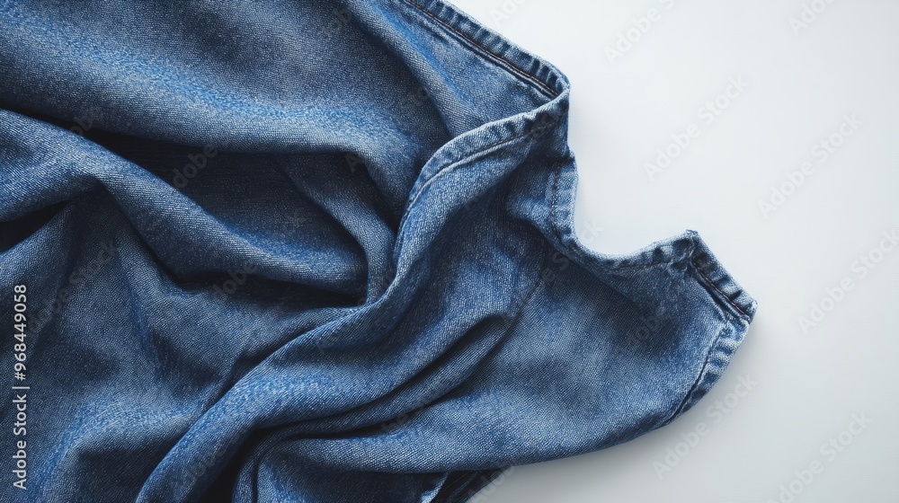 Naklejka premium A close-up of a crumpled piece of blue denim fabric, showcasing its texture and the natural folds of the material. The image evokes a sense of comfort, casualness, and timeless style.