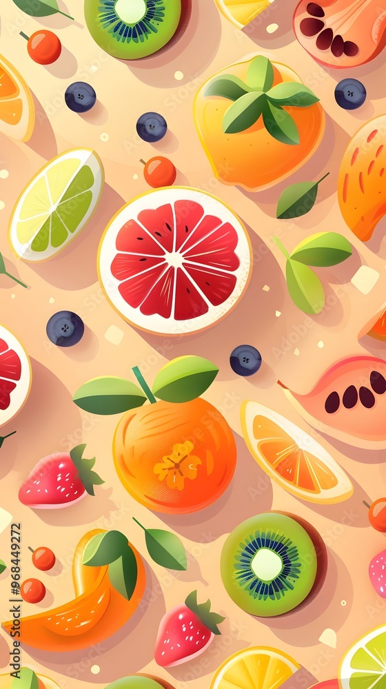 Sweet ripe fruits and berries on color background Sweet ripe fruits and berries on color background