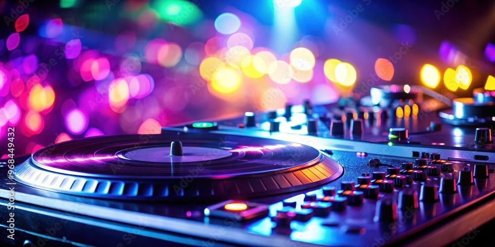 Close-up of a DJ turntable with vibrant lighting, capturing the energy and excitement of a music event or party, music Close-up of a DJ turntable with vibrant lighting, capturing the energy and excitement of a music event or party, music