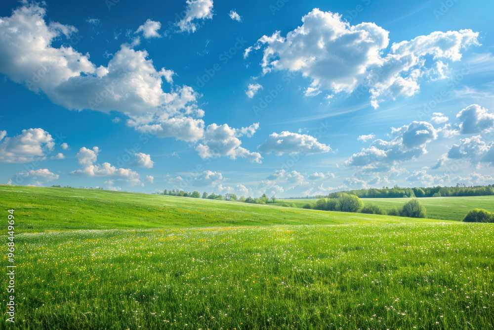 Obraz premium Smooth meadow on the hill with blue sky, beautiful landscape