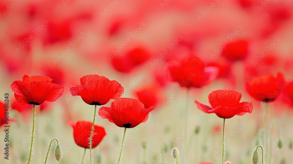 Fototapeta premium Red Poppy Flowers in a Field with Blurred Background