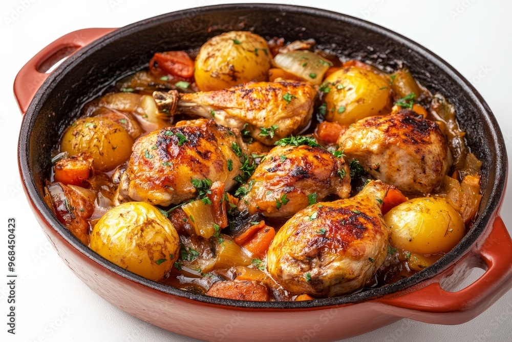 A close-up shot of a rustic cast iron skillet filled with a hearty chicken and potato stew. The chicken is golden brown and cooked to perfection, while the potatoes are soft and flavorful. The stew is A close-up shot of a rustic cast iron skillet filled with a hearty chicken and potato stew. The chicken is golden brown and cooked to perfection, while the potatoes are soft and flavorful. The stew is