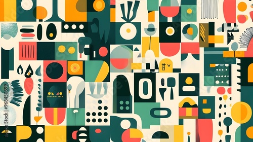 Imaginative Tile-Able Surface with Spirited Pictographic Symbols and Abstract Forms in Scandinavian-Inspired Design photo