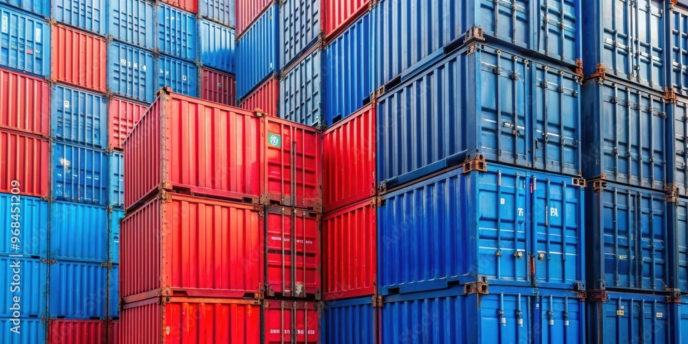Fototapeta premium Close up of stacked blue and red shipping containers in a port, shipping, containers, blue, red, stacked, port, transportation