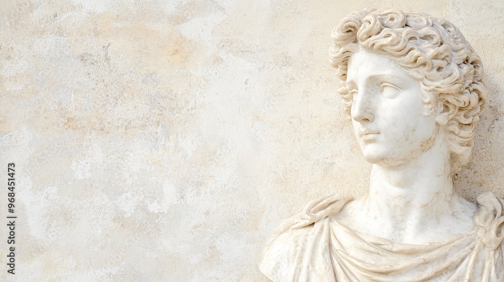 Obraz premium Marble Bust Sculpture of Man with Curly Hair Against a Weathered Wall
